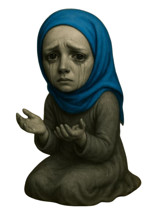 Gritty sepia-tone image of a whimpering humanoid creature holding its hands palm-up in a begging manner. The 
         creature is wearing a long sacklike dress and a blue headscarf, which is the only color within the image.